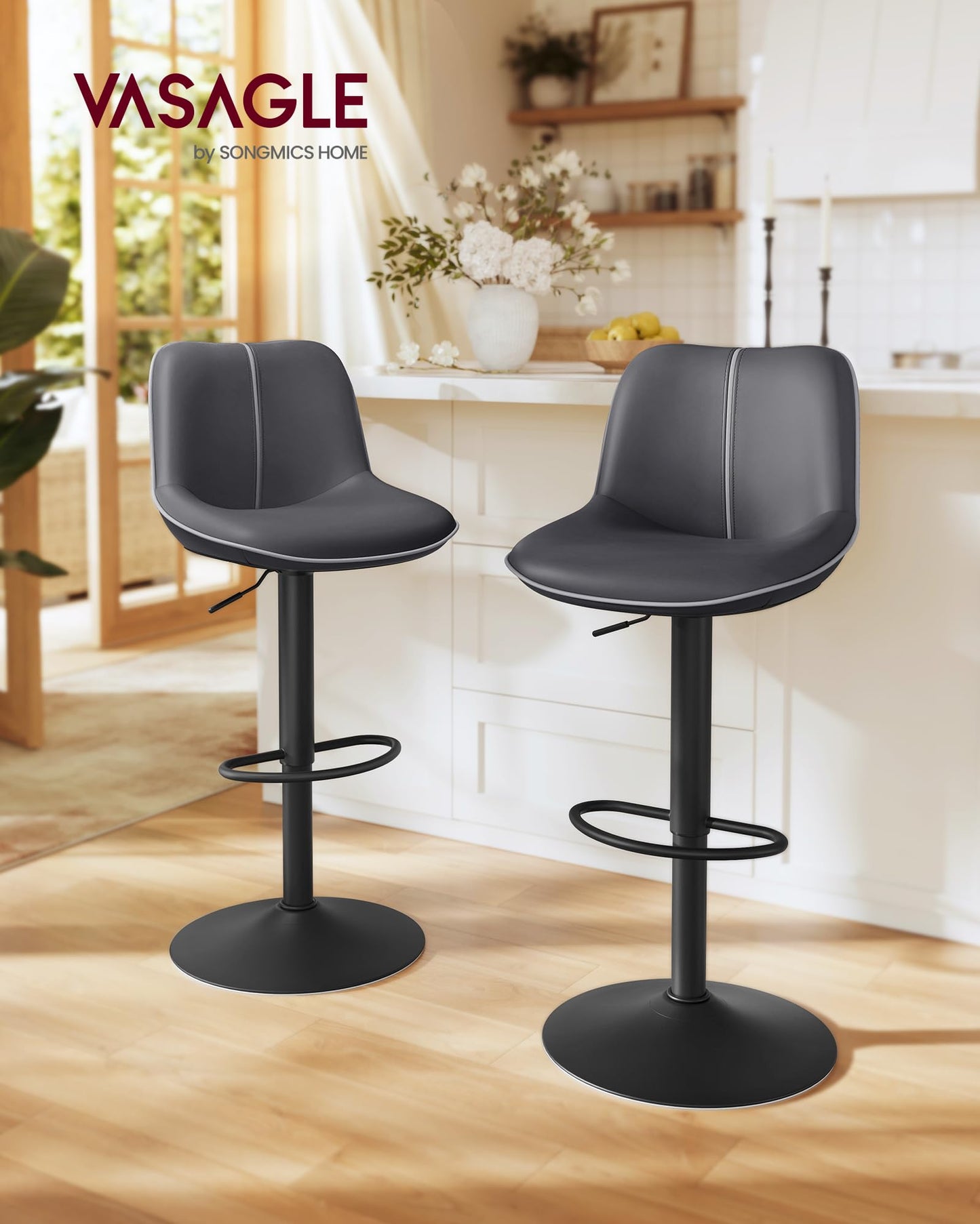 VASAGLE Bar Stools Set of 2, Adjustable Height Swivel Barstools with Ergonomic Backrest, Synthetic Leather, Larger Metal Base, Modern Tall Bar Chairs for Kitchen Island Home Bar, Ink Black