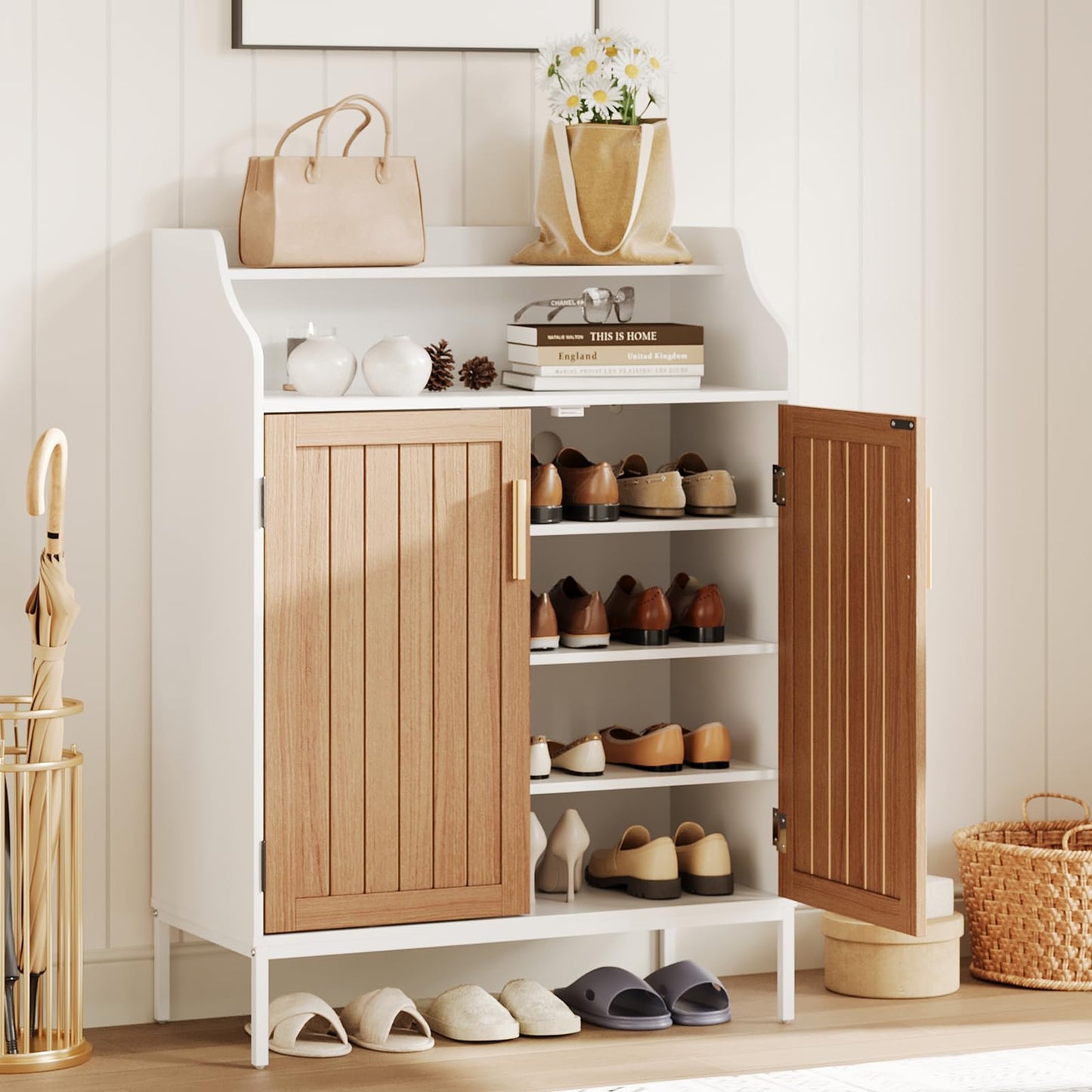 GAOMON Modern Shoe Storage Cabinet – 4-Tier Wooden Organizer with 3 Adjustable Shelves, Freestanding Hallway Entryway Cabinet with Doors, Slim Design for Small Spaces