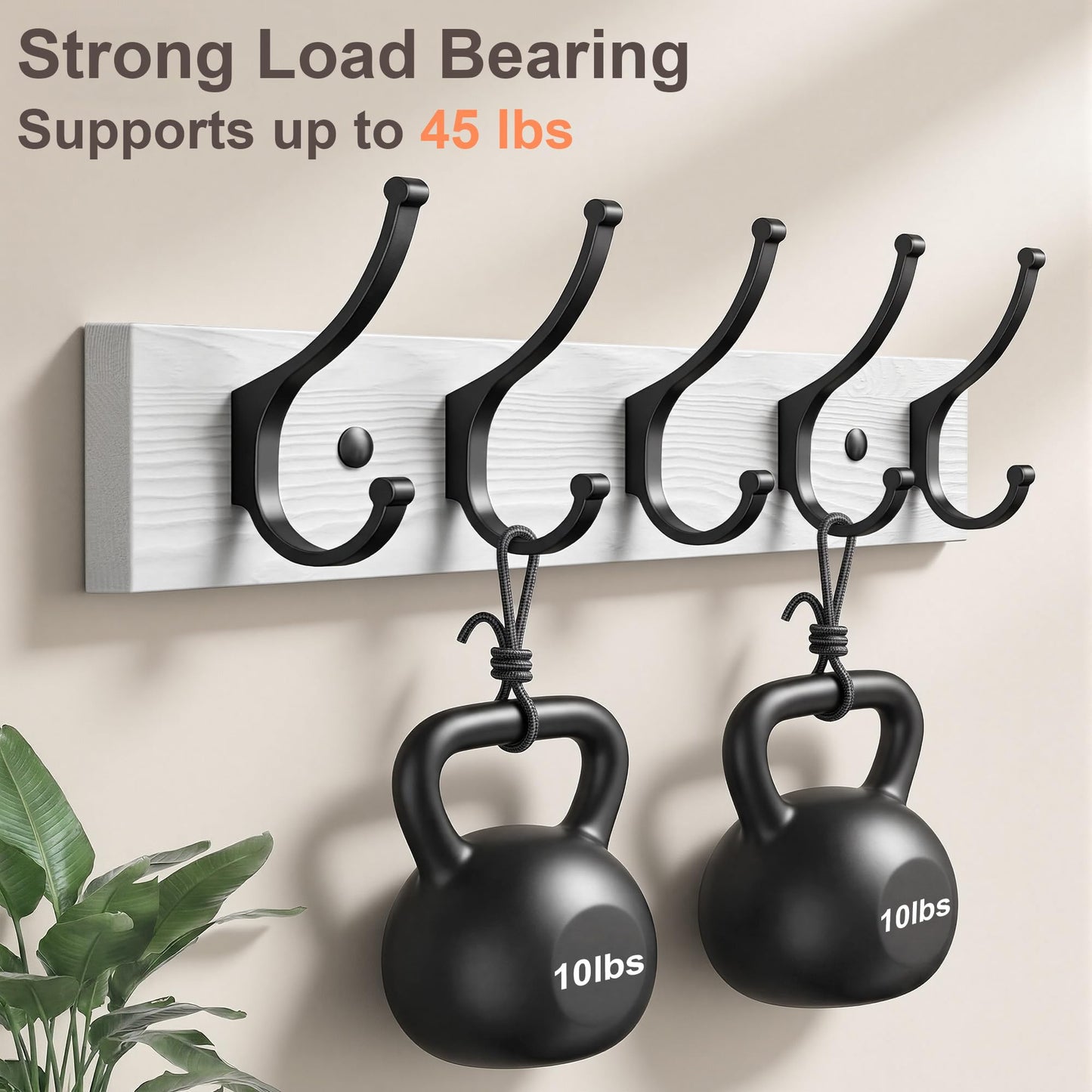 Optish 2 Pack Wooden Coat Rack Wall Mount, 16.1" Rustic Coat Hanger Hooks with 10 Double Hooks, Wall Coat Rack for Hat, Clothes, Bags, Jacket, Brown, White