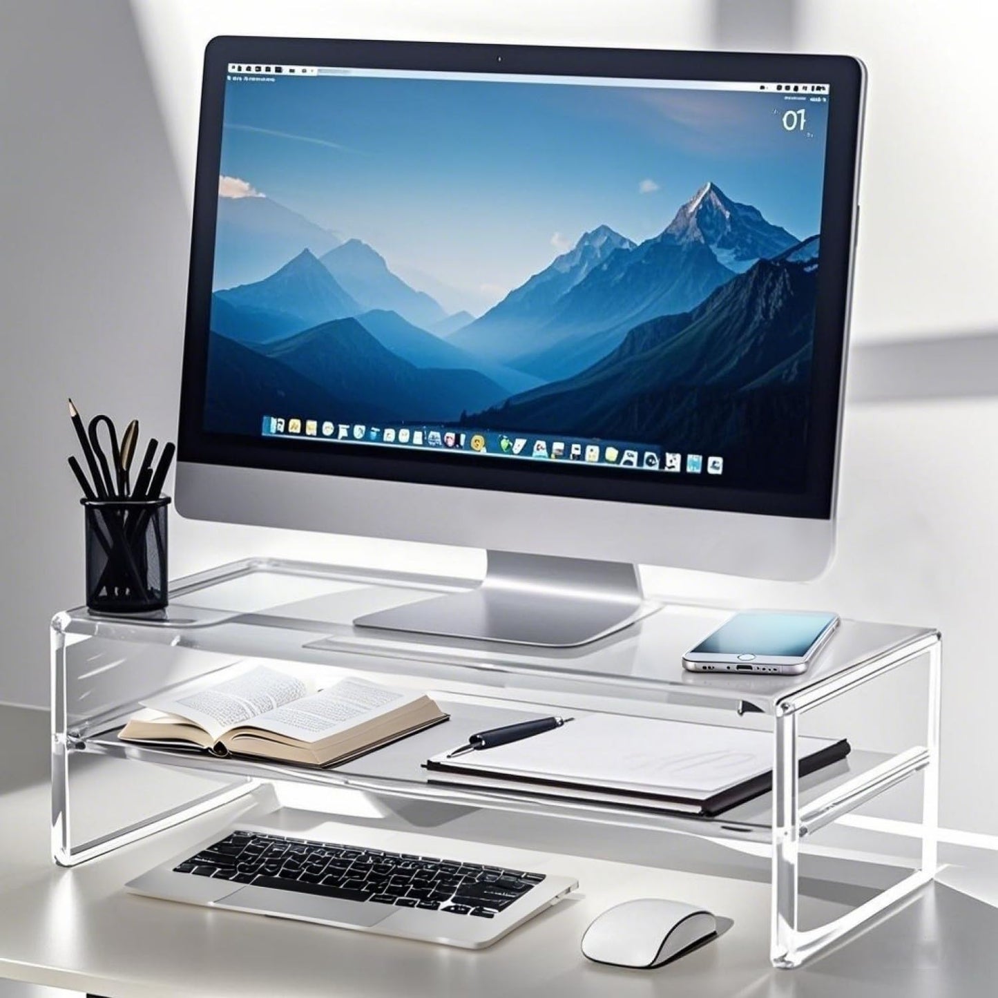 Acrylic Monitor Stand, 2 Tier Computer Monitor Stand Riser，20 inch Acrylic Computer Monitor Stand Riser for iMac, PC, Desktop, Laptop, TV Screen with Extra Storage Space Home Office