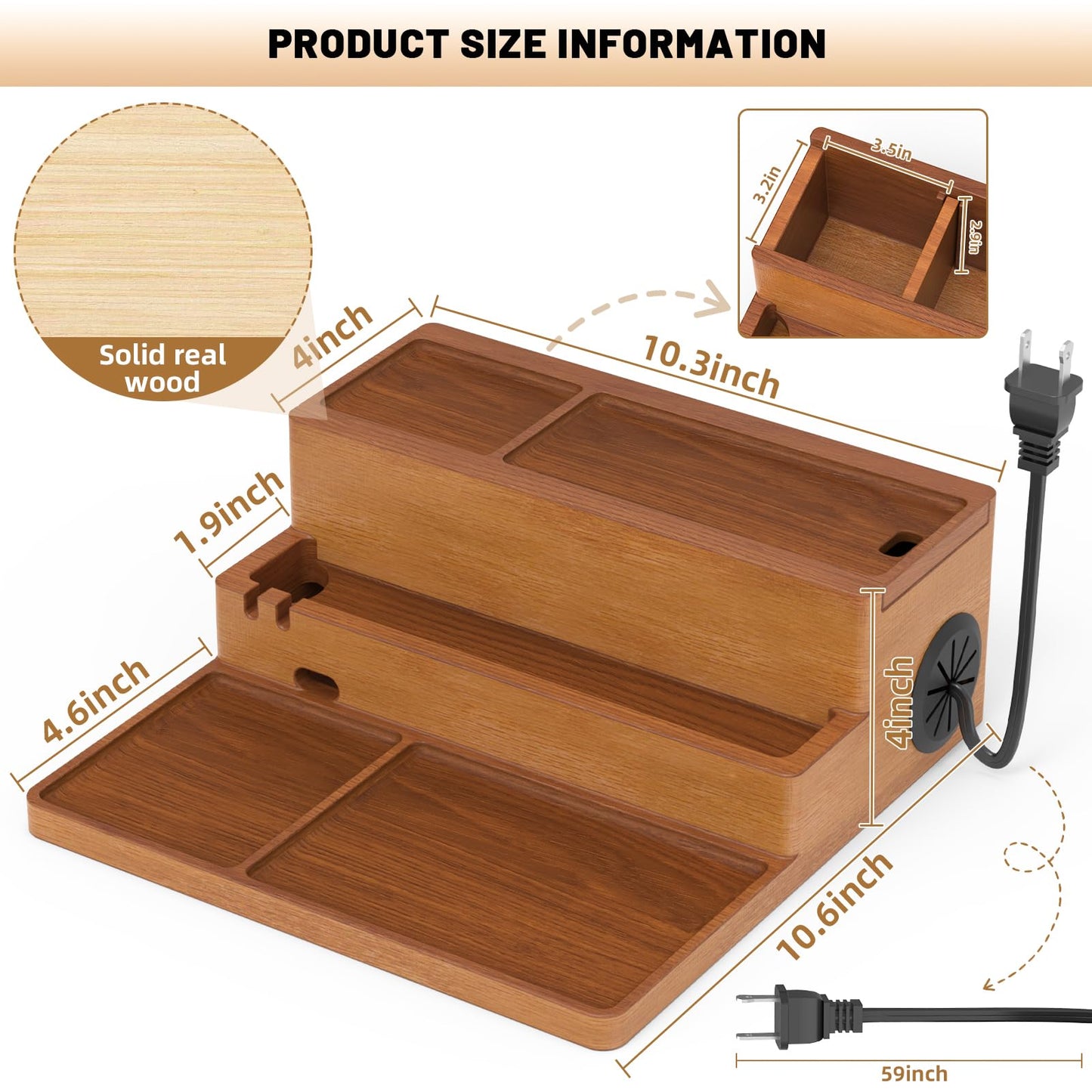 Valet Tray, Nightstand Organizer with Charging Station, Assembly-Free 3 Layer Wood Valet Tray for Men, Phone Docking Station with USB Ports for Watch, Jewelry & Accessories, Nice Gift (Stylish Brown)