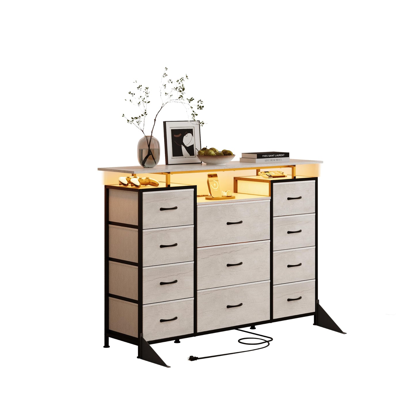 LUMTOK 11 Drawers Dresser with Fabric Drawers,Charging Station, LED Lights and Shelves for Bedroom Storage Organization (Greige)