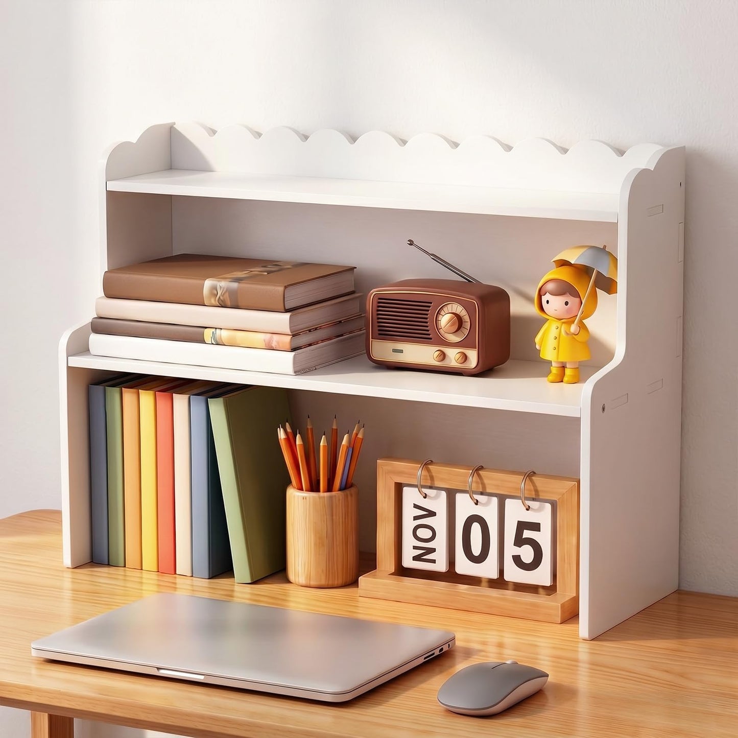 Amyhill Wooden Office Desktop Storage, 2-Tier Scalloped Tabletop Organizer Shelf for Cosmetics, Stationery, Office Supplies, Space-Saving Display Rack for Bedroom, Dorm