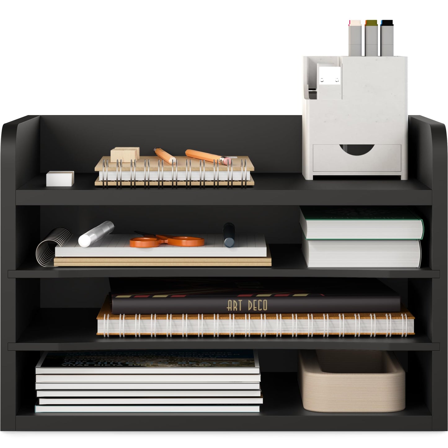 Ballucci File Organizer, 4-Tier Office Desk Organizer, Open Top Wood Paper Organizer for Classroom, Mail Sorter Paper Tray with Adjustable Storage Shelves, Black