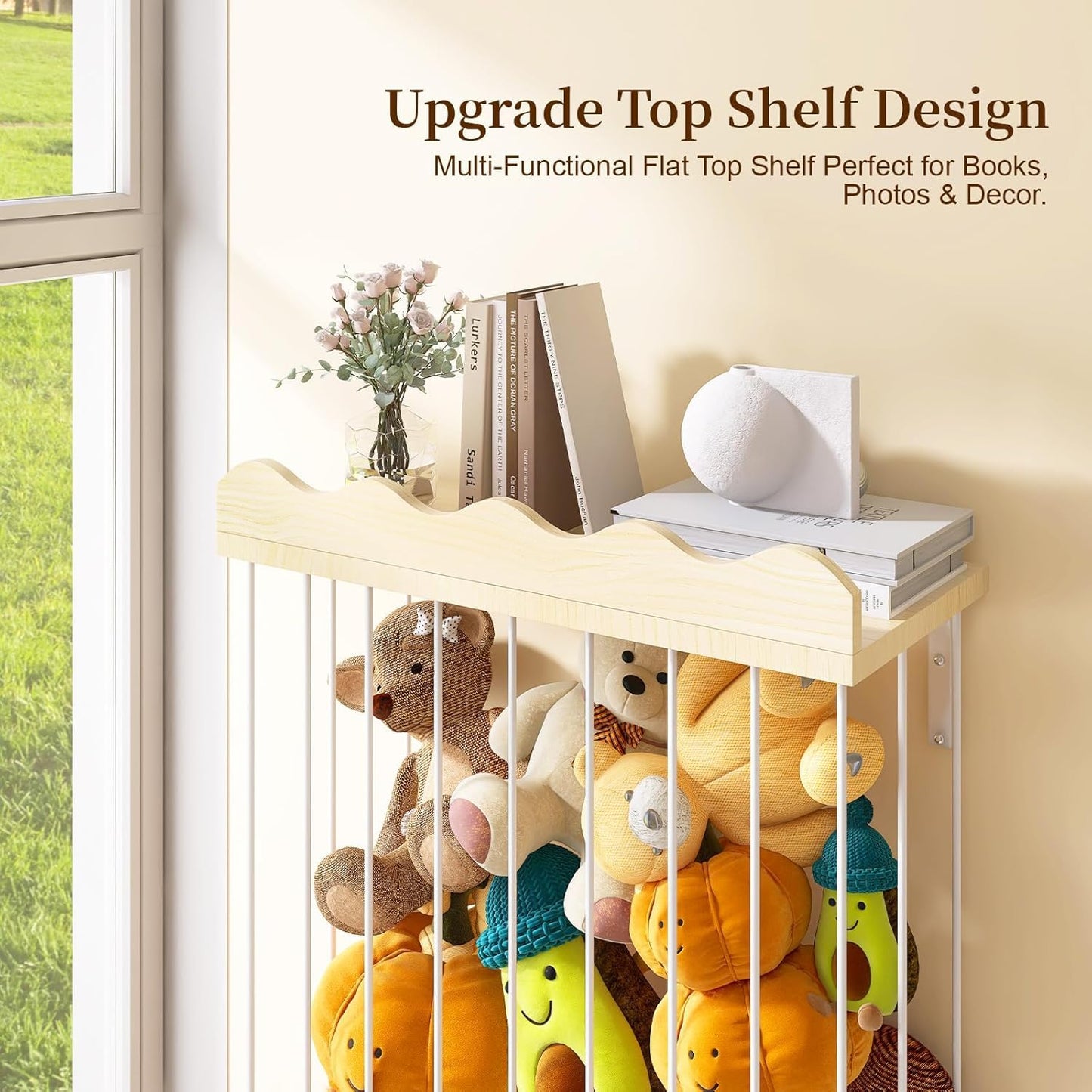 Sunifier Adjustable Stuffed Animal Storage with Shelf (Patented) - Large Wooden Hanging Plush Toy Organizer - Corner Stuffy Animals Hammock Net Holder for Kids Room, Nursery, Bedroom