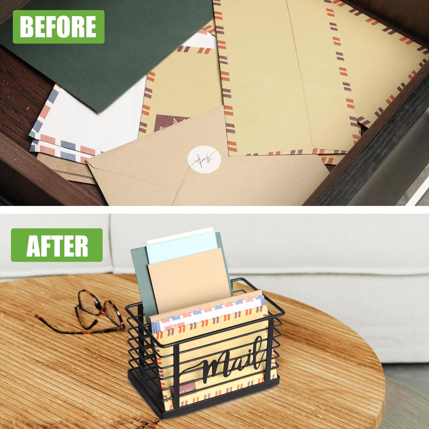 MOSUYO Mail Holder, Acacia Wood & Sturdy Metal Mesh Letter Caddy,2-Slot Desktop Organizer for Desk Home Office