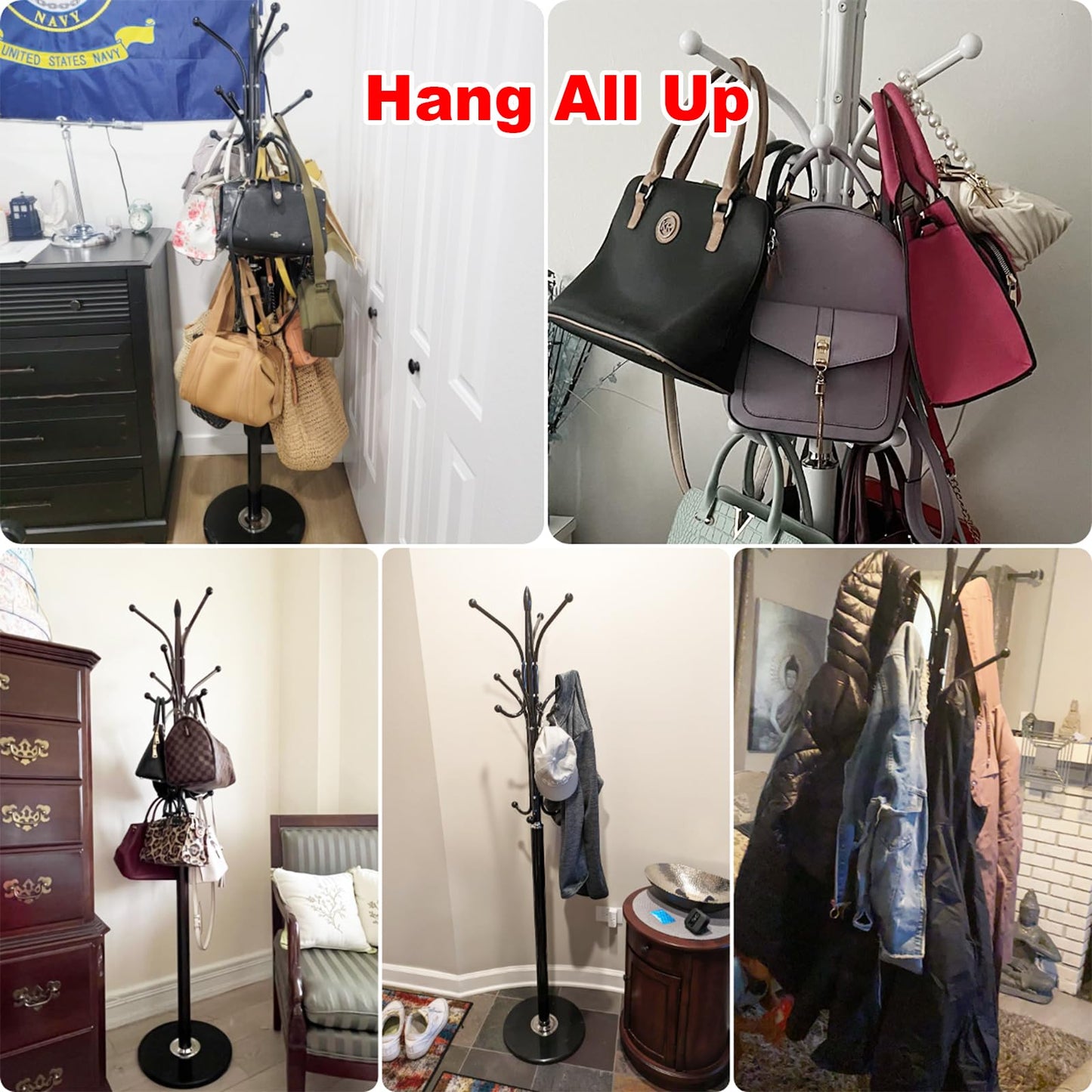 Kertnic Freestanding Coat Rack Stand, Heavy Duty Metal Hall Tree with 12 Hooks, 70 Inch Tall Stable Coat Hanger with 14.6" Natural Marble Base, Entryway Organizer for Coats Bags Hats Purses (Bronze)