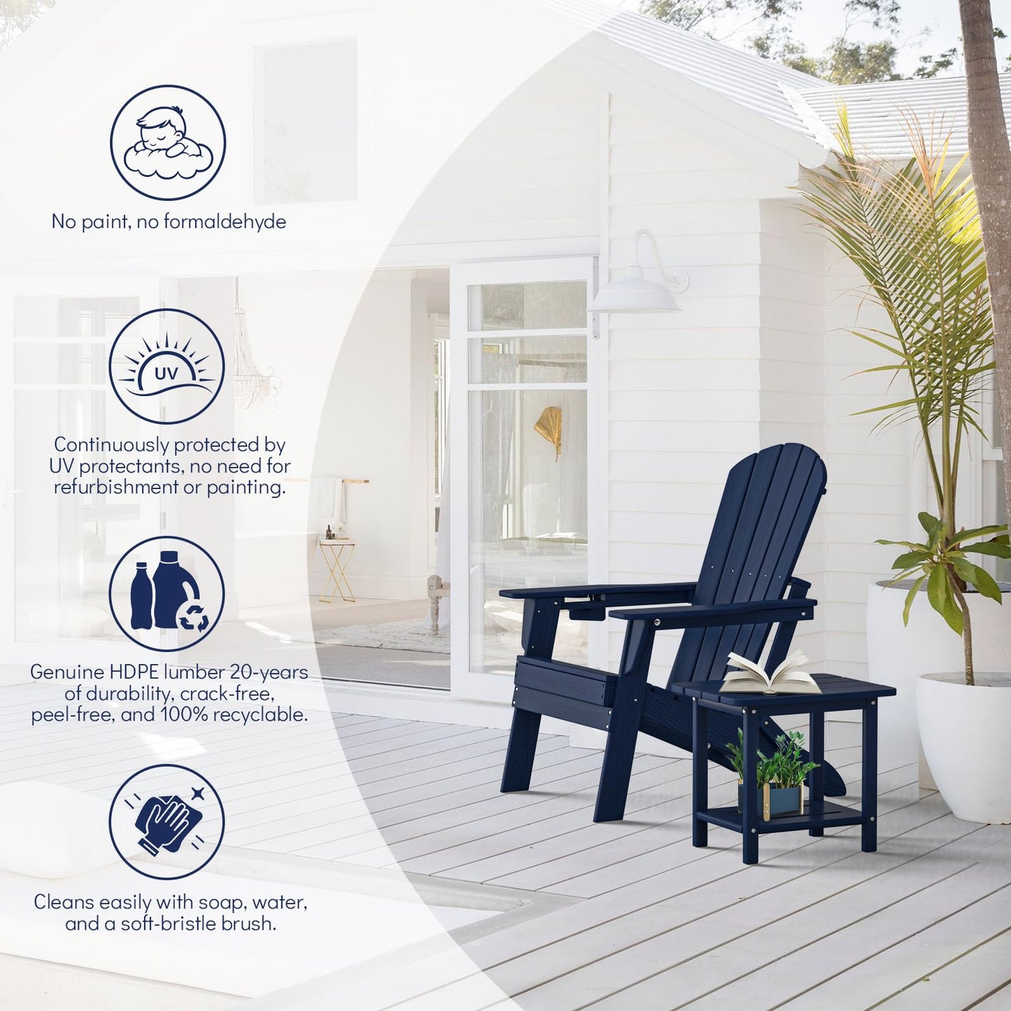 Plawdlik Folding Adirondack Chair, SGS Tested, Wooden Textured with Cup Holder, Heavy All-Weather HDPE Comfortable Set Poolside Backyard Lawn Navy Blue