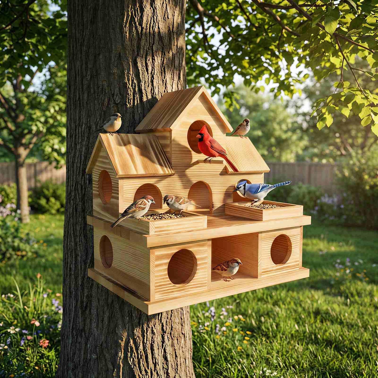 Zxweqr Bird Houses for Outside with External Feeder – Lightly Charred Hanging Birdhouse for Flocking & Nesting – Suitable for Finches, Bluebirds, Cardinals – Perfect for Garden, Patio, Backyard Decor