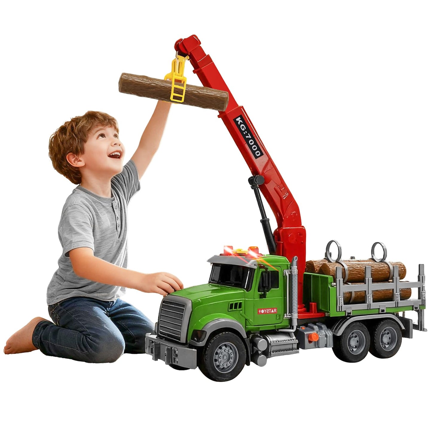 MAJCL 15" Large Timber Truck with Loading Crane and 6 Wooden Trunks, Realistic Logging Truck Toy for Kids Ages 3-5, Toy for Boys, Birthday Gift for Toddlers