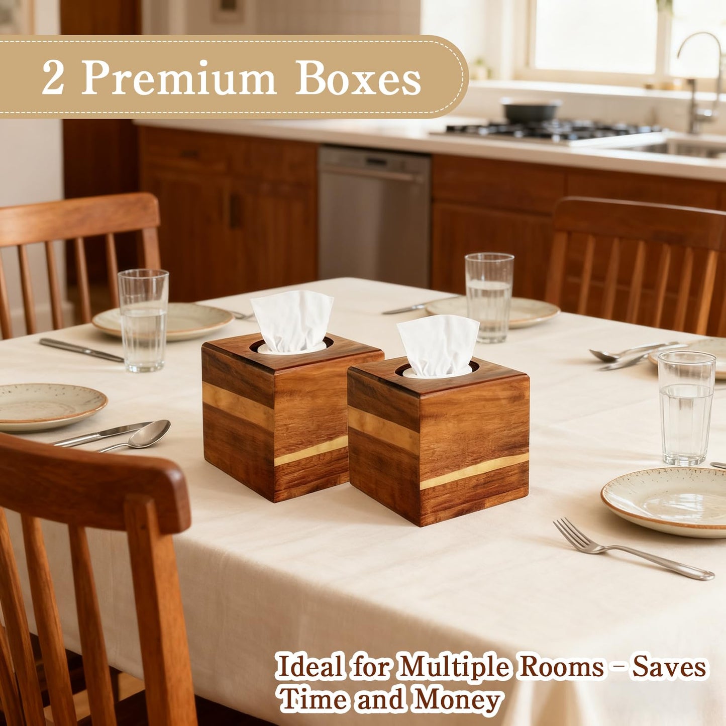 PEDOBALI 3 Pcs Wooden Tissue Box Cover Bulk, Square Acacia Wood Box Holder, Retro Color Facial Tissue Cover Holder, for Tabletop, Night Stands, Bathroom, Office, Kitchen
