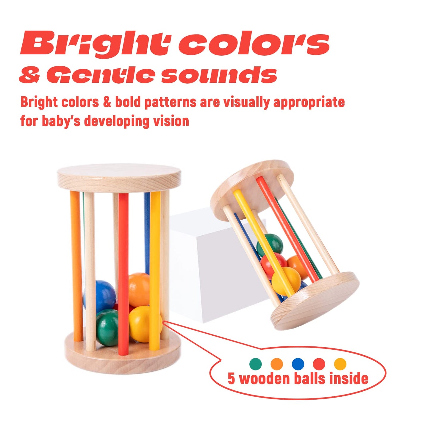 Montessori Toys for Babies 6-12 Months Wooden Rolling Drum Montssori Baby Sensory Toys for Wooden Rattle Spinning Rainbow,Boys and Girls Baby Gifts