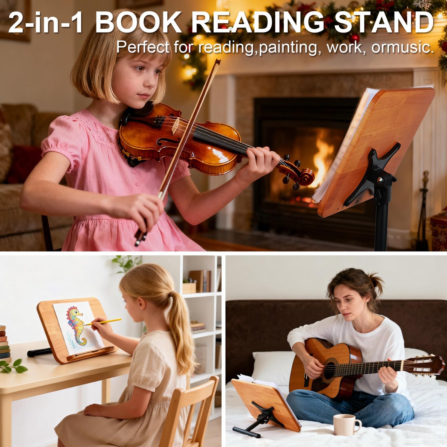 2 in 1 Dual-use Music Stand & Desktop Book Stand, Adjustable Height 16.5"-51", 100% Solid Wood Laptop Floor Stand Book Holder with Elastic Page Clips for Cookbooks (Brown-Wheeled)