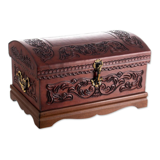 NOVICA Colonial Theme Mohena Wood and Tooled Leather Jewelry Box, 'Colonial Legacy'
