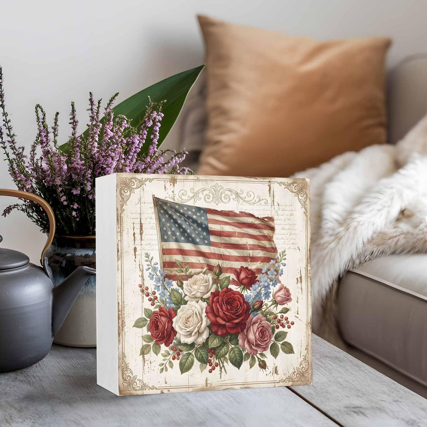 Independence Day Wood Box Sign Desk Decor, Retro American Red White Pink Rose Blue Flowers Decorative Wooden Block Box Sign Decorations for Home Office Shelf Table Decor 6x6 Inches