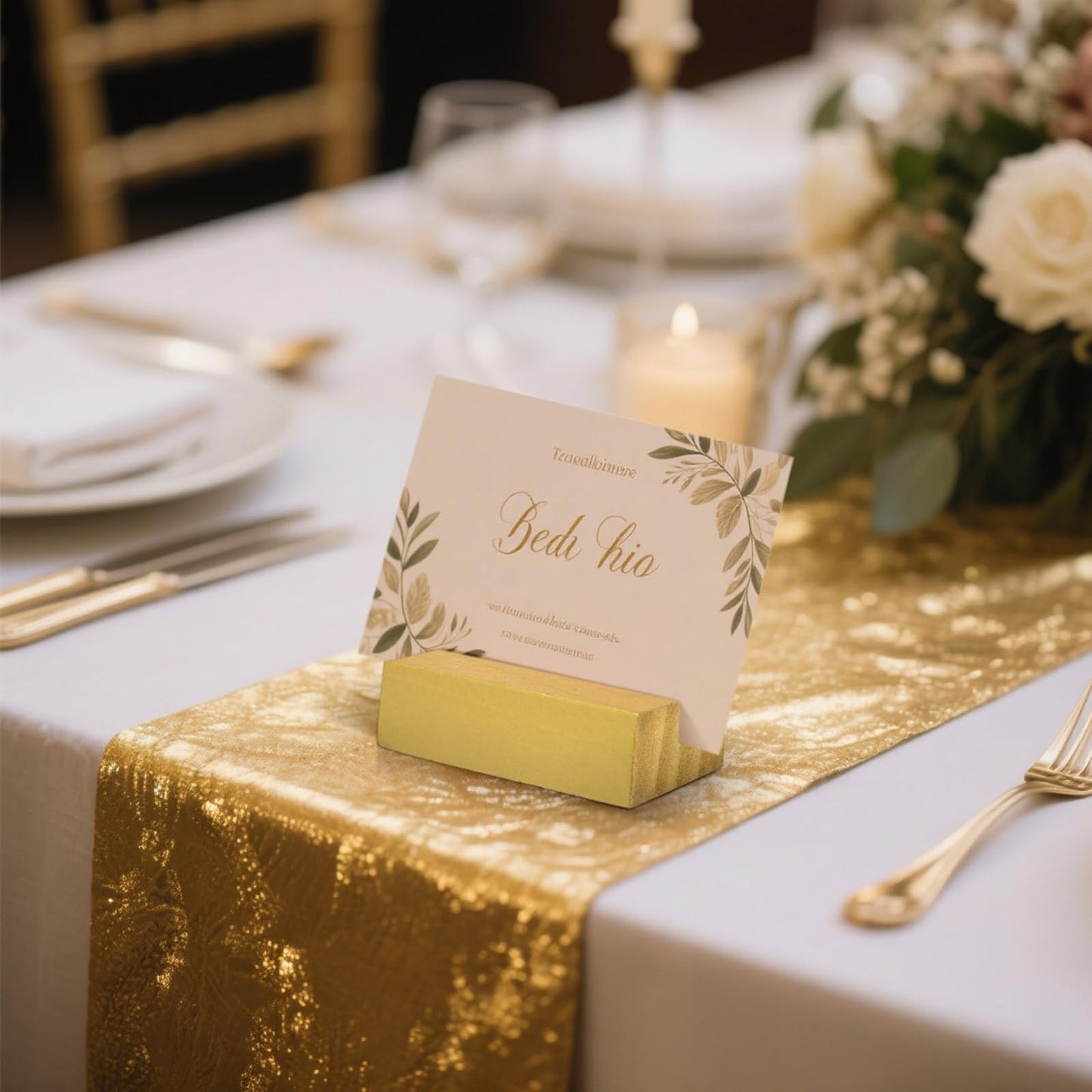 Zonon 12 Pcs Wood Place Card Holders Wooden Table Number Holder Stands Name for Wedding Party Events Exhibition Decoration Office Restaurant Business(Card,Gold,3 x 1.6 x 0.8 Inch)