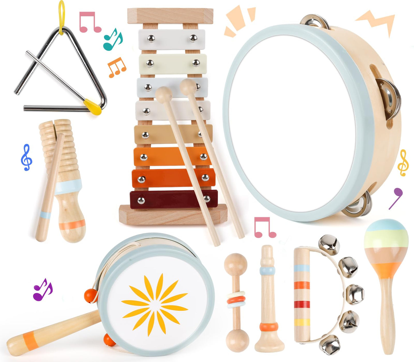 Wooden Toddler Musical Instruments Set, 9PCS Kids Montessori Toys, Baby Toys with Xylophone & Drum, Educational Gift for Ages 3 4 5 6Year Olds