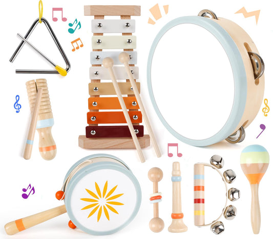 Wooden Toddler Musical Instruments Set, 9PCS Kids Montessori Toys, Baby Toys with Xylophone & Drum, Educational Gift for Ages 3 4 5 6Year Olds