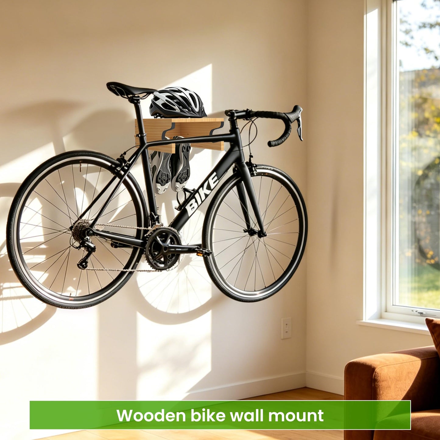 MTGSTOCL Wooden Bike Wall Mount with Shelf & 4 Hooks, Horizontal Bicycle Rack for Garage & Home, Scratch-Free Storage Holder for Road/Mountain Bikes, Space Saving & Easy Install