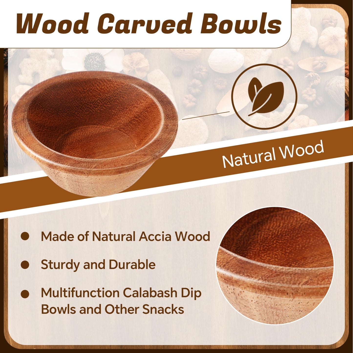 Honeydak 10 Pcs Acacia Wooden Bowls Small Calabash Bowls 4 Inch Round Wood Salad Hand Carved Calabash Dip Tray for Serving Appetizers Dips Sauce Popcorn Candy Nuts Thanksgiving Supplies Home