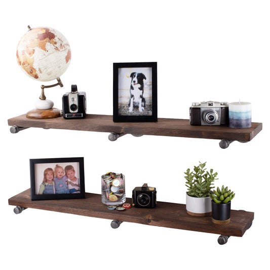 Industrial Pipe Wooden Shelves Restore by Pipe DÉCOR Premium Douglas Fir Wood Shelving 36 Inch Length Set of 2 Boards and 6 Straight Brackets Sunset Brown Finish