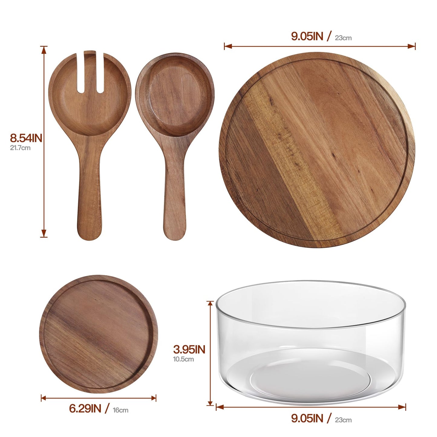 Large Glass Salad Bowls, Salad Bowl Set for Party with Acacia Wood Base and Lid and Salad Serving Utensils, Elegant and Practical Salad Bowls for Kitchen Essentials