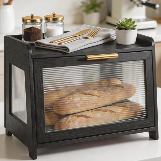 Bread Box for Kitchen Countertop with 4-Acrylic Window, Black Gold Wooden Breadbox Storage Container 17.3" x 10.6" x 12.6", Vintage Large Bread Boxes for kitchen counter and Pantry Organizers
