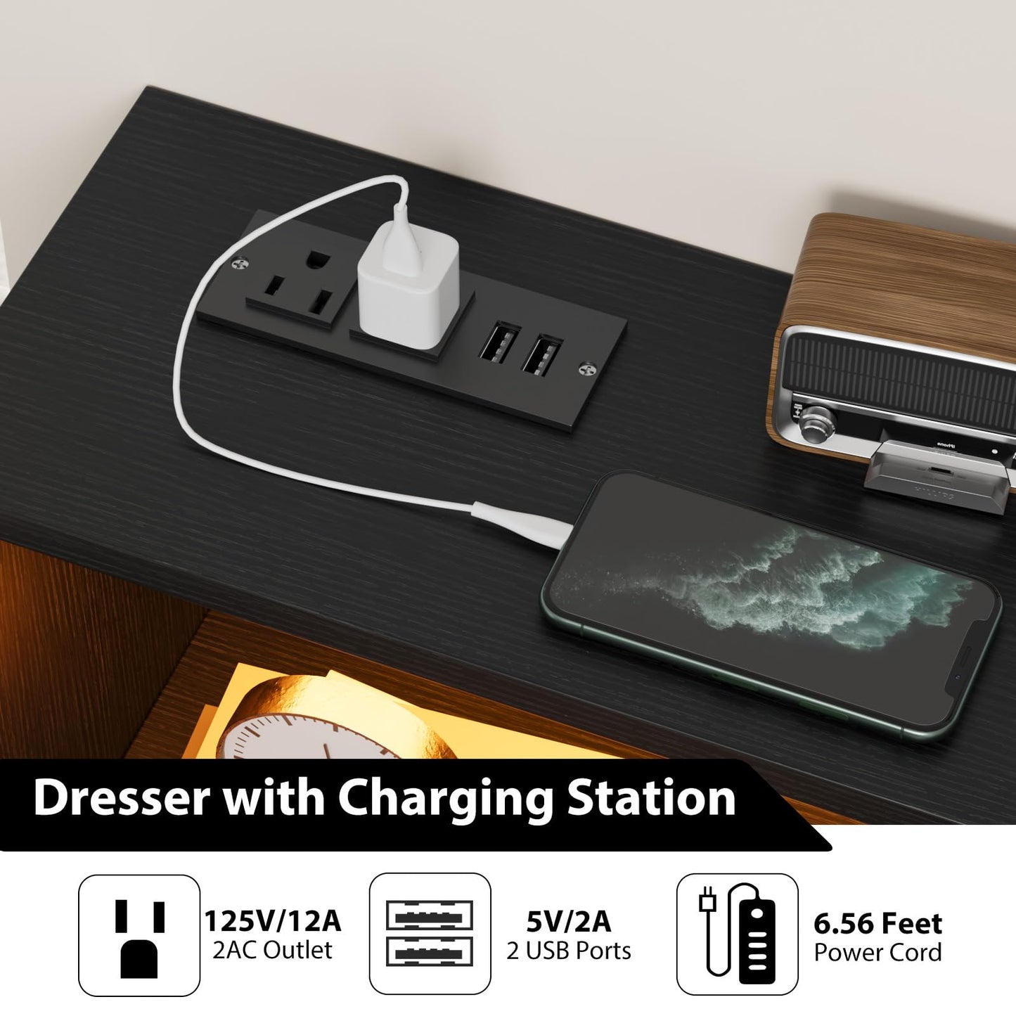 GarveeLife Modern 6 Drawer Dresser with LED Lights & Charging Station - Spacious Wooden Storage Cabinet - Sturdy Metal Legs - Ideal for Bedroom, Living Room, Hallway, Entryway - Color: Black
