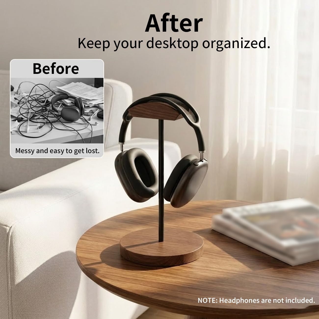 Bliocefo Headphone Holder Stand for Desk, Wood and Metal Headset Hanger Mount Hook Gaming Holder Desktop Earphone Artful Functional Craftsmanship Stand for All Headsets with Solid Wooden Base