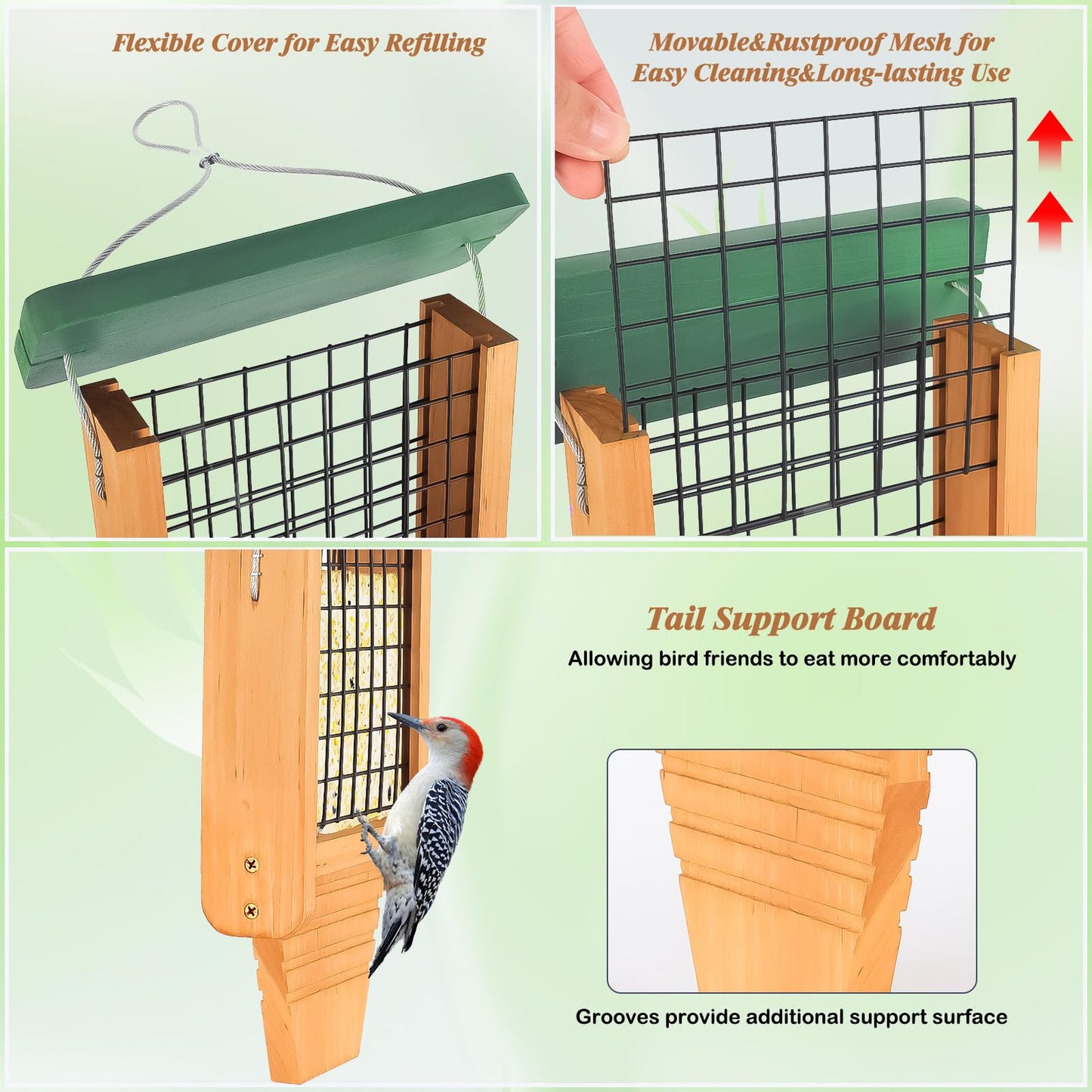 Gbekery Wooden Suet Bird Feeder for Outside Hanging, Woodpecker Suet Feeder with Tail Prop, Hanging Bird Feeder for Wild Birds, 1 Pack, Green