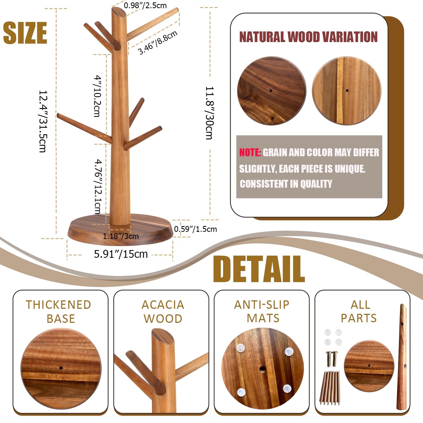 Onedeful Mug Holder Tree, Acacia Wood Mug Rack with Stable Base, 6-Hook Mugs Stand for Tea & Coffee Cups, Kitchen Countertop & Coffee Bar Organizer