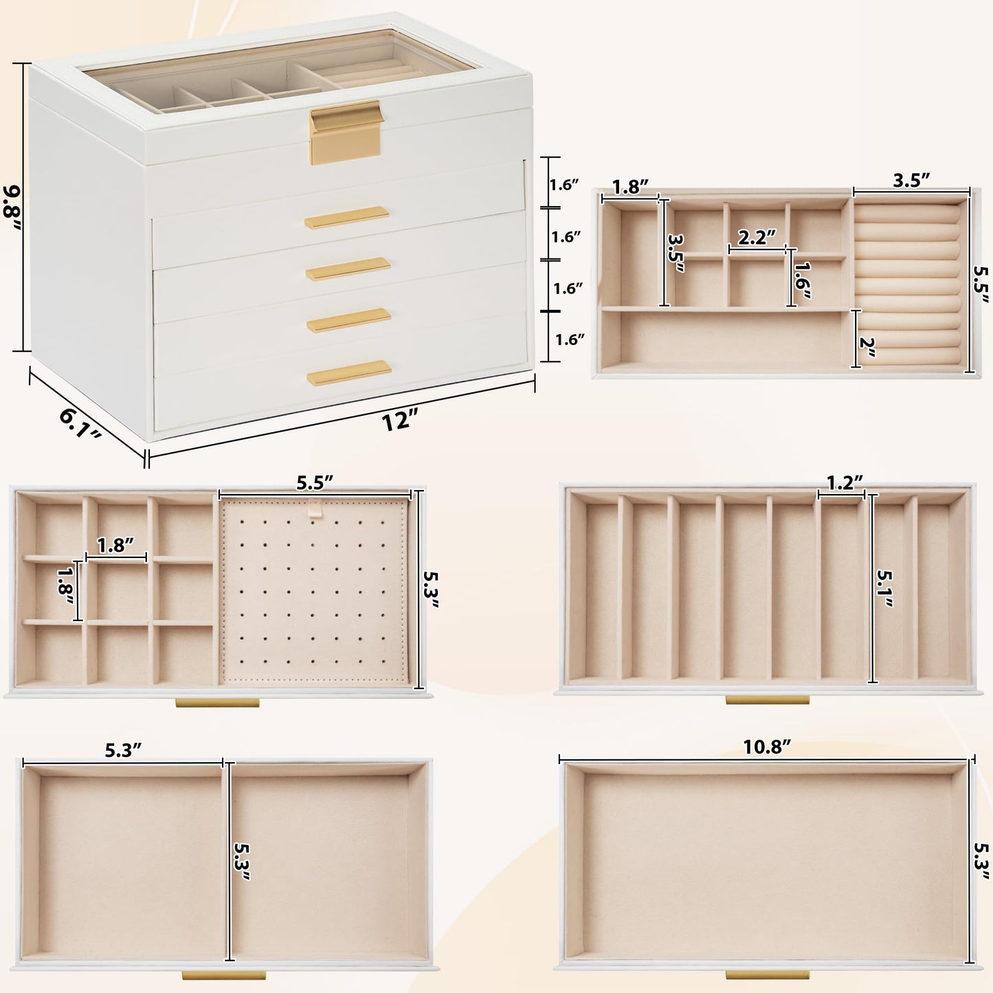 AKOZLIN 5-Tier Jewelry Box with Clear Glass Lid Functional Leather Jewelry Storage Organizer Case 4 Drawers for Women Girls Necklace Ring Bracelet Earring