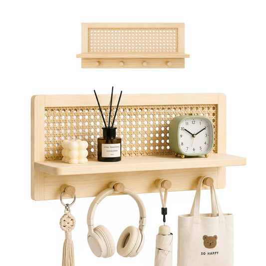 HLiikuikin Rattan Wall Shelf with 4 Hooks, Entryway Key Holder & Coat Rack Wall Mount
