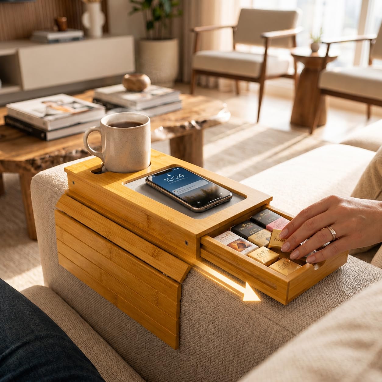 COCOROOM Sofa Armrest Tray with Drawer & Cup Holder — Wooden Couch Arm Tray with Anti-Slip Surface | Fits Most Sofa & Couch Arms (Natural)
