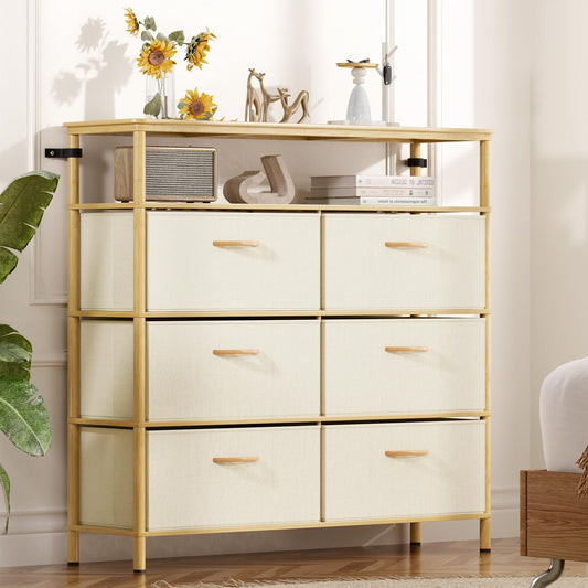 EZ2LIVE Solid Wood Dresser, Dresser with 6 Drawers, Solid Bamboo Frame Paired with Fabric Storage Boxes, Large Capacity, Stable and Durable, Versatile Style, for Bedrooms, Living Rooms, and Hallways