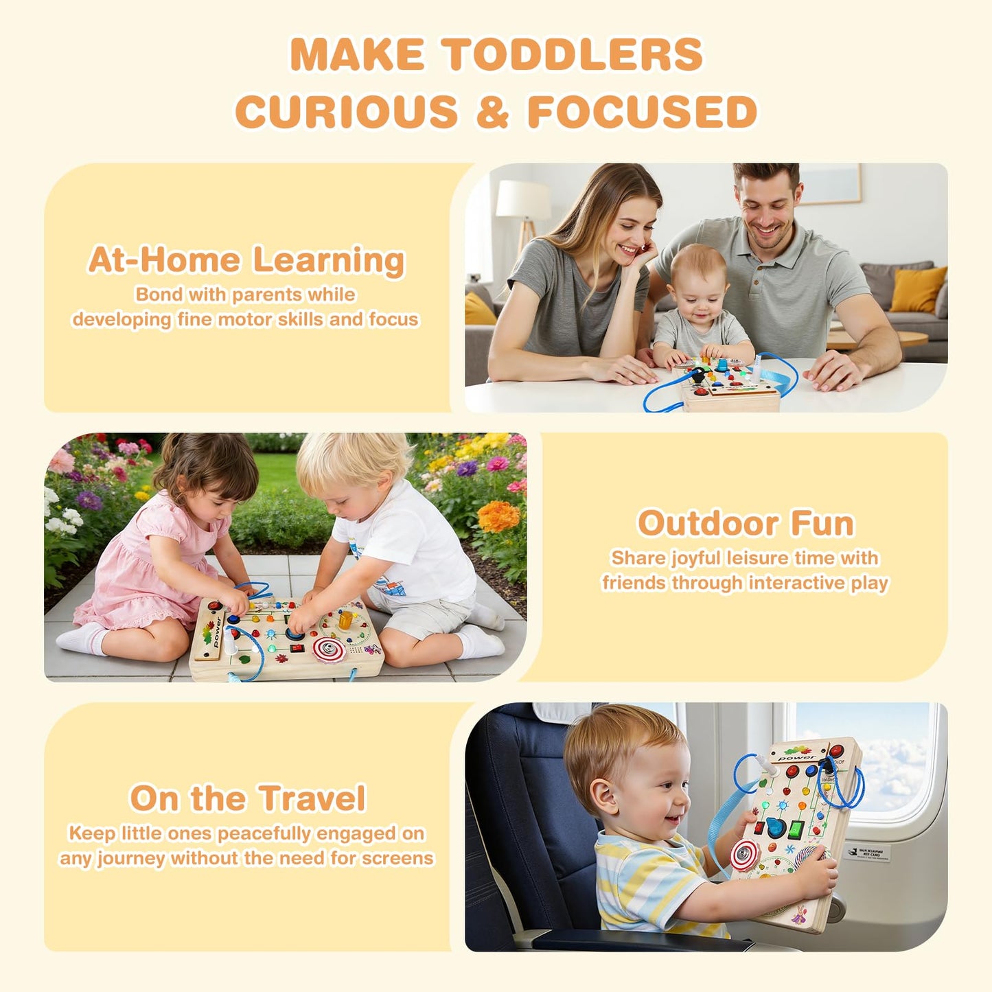 TNYI Montessori Wooden Busy Board with LED Light Up Switches & Music and Spinning Top, Toddler Sensory Educational Fidget Board, for 1+ Year Old Baby and Toddler