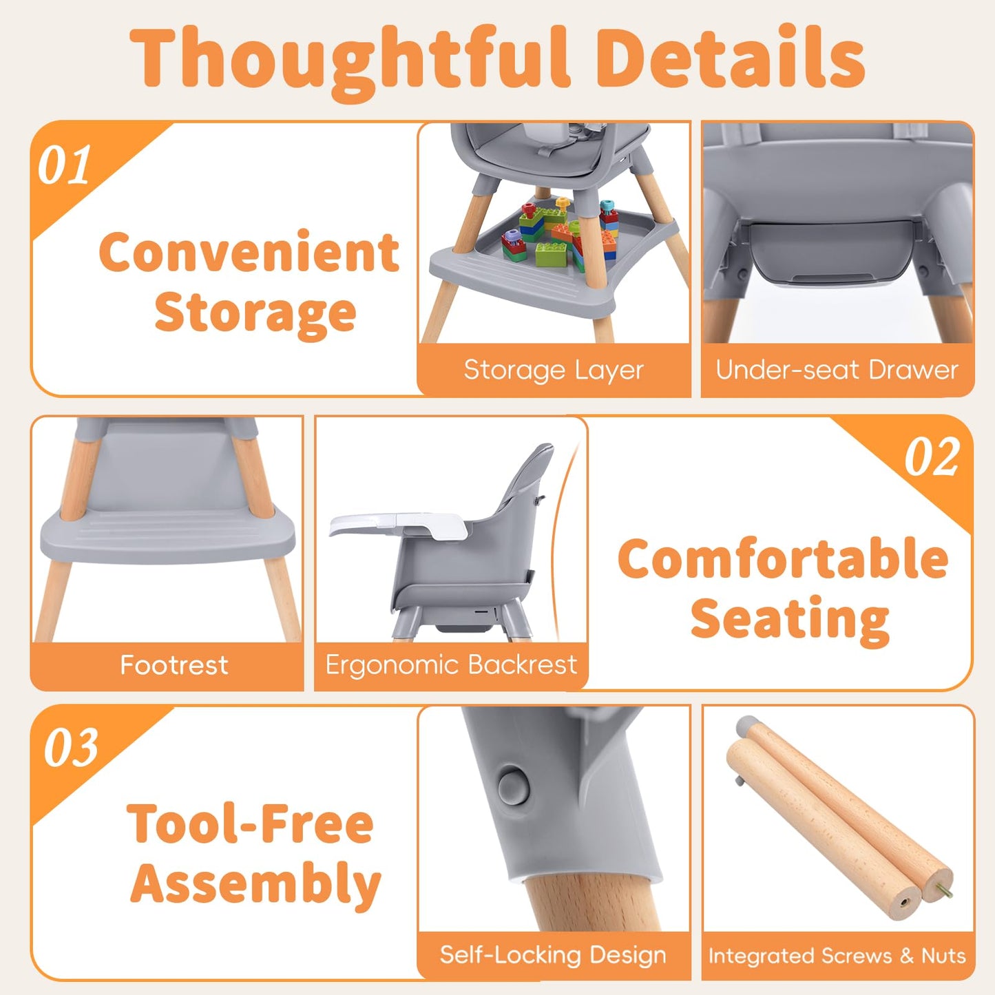 Babyliebe Baby High Chair, 8 in 1 Convertible Wooden High Chair for Babies and Toddlers, Converts to Booster Seat, Toddler Chair & Stool, with Removable Double Tray, Adjustable Legs & Footrest (Gray)