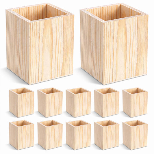 12 Pack Wood Pen Holder Unfinished Pine Wood Pencil Cup for DIY Crafts, Office Desk Organizer, 3 x 3 x 4 Inch Natural Square Wooden Holder for Pens Markers Scissors