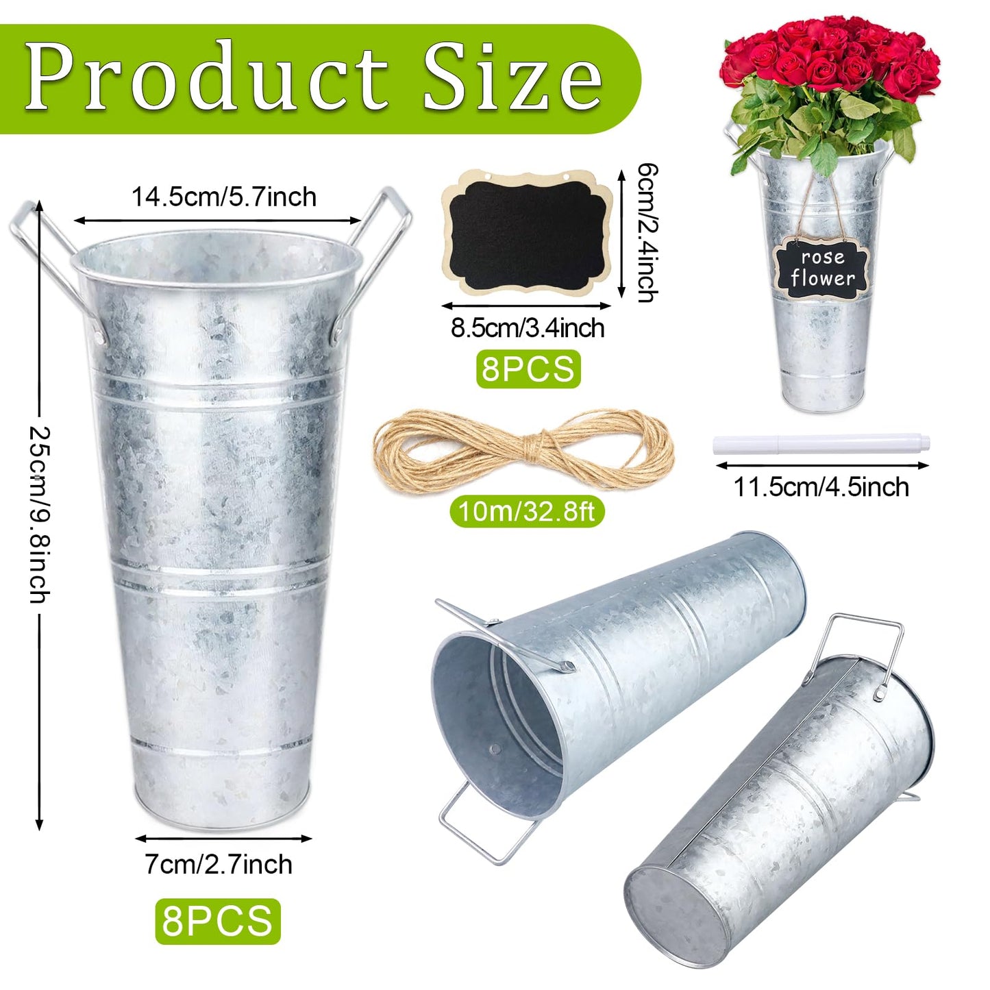 8Set Galvanized 10 Inch Metal Vases for Flowers, Rustic Flower Bucket Vases with Small Chalkboard Label, Metal Vase with Handle Flower Bar Supplies for Home Garden Wedding Cut Flowers Sparkler Holder