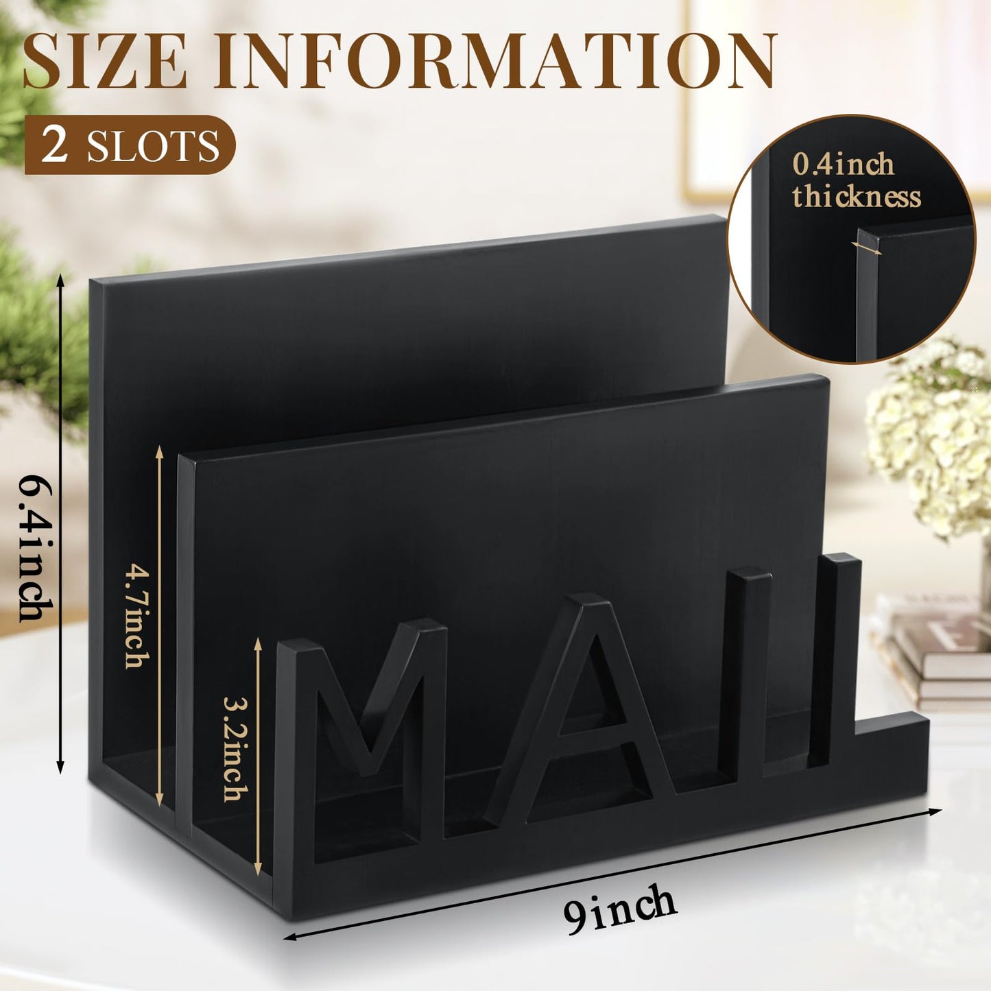 Vercraft 2 Slot Mail Organizer Holder Countertop Wooden Mail Black Letter Holder with Cutout Lettering Design for Office Desktop Envelope and Document Storage Rack
