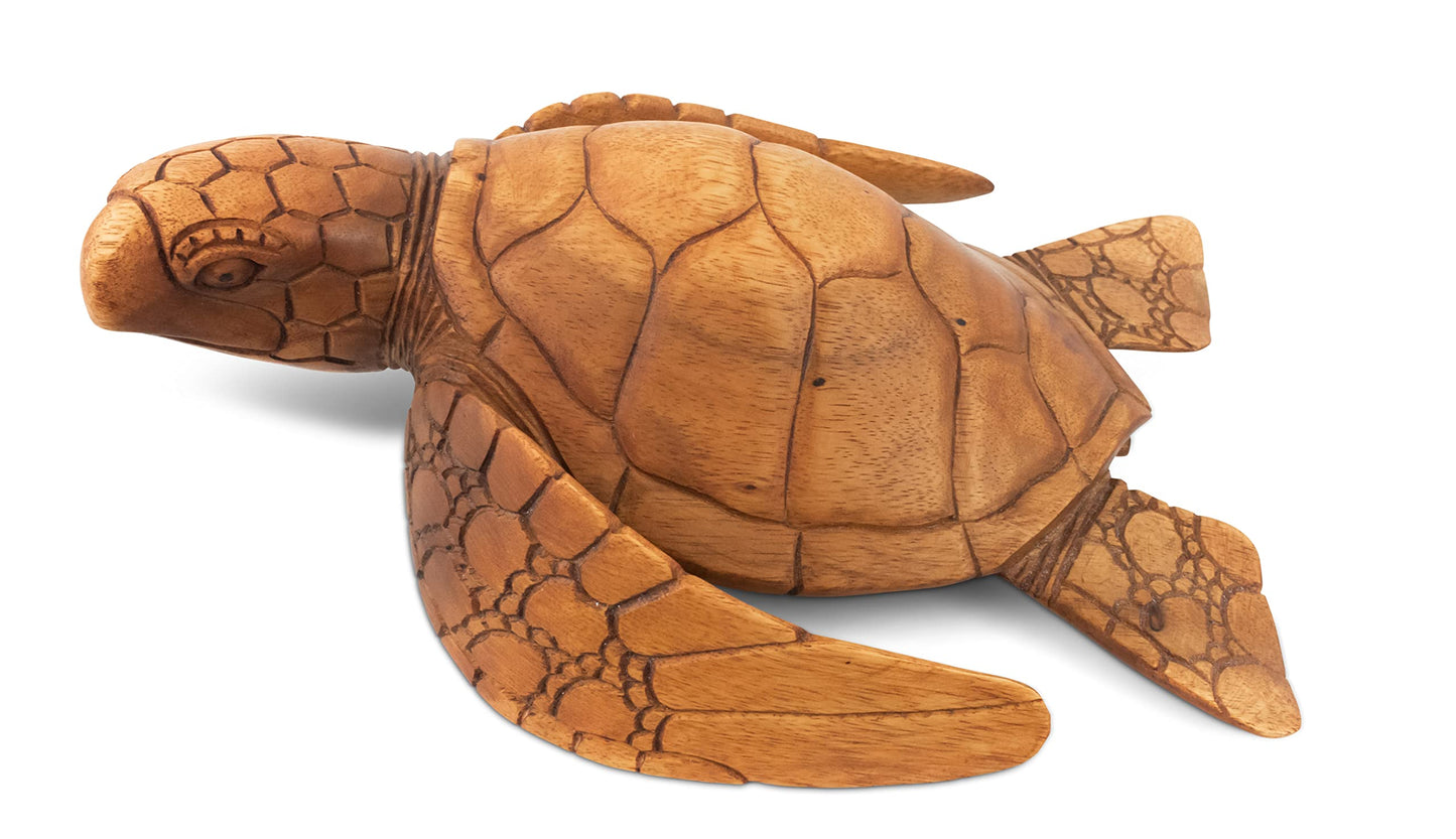 G6 Collection Wooden Hand Carved Sea Turtle Tortoise Statue Figurine Sculpture Handcrafted Handmade Home Decor Rustic Seaside Tropical Nautical Ocean Coastal (12" Long)