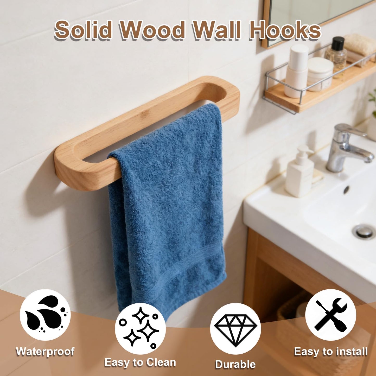 Towel Holder, Bamboo Towel Rack, Wall Mounted Towel Bar for Bathroom and Kitchen, Natural Wooden Decorative Towel Rail(Natural)