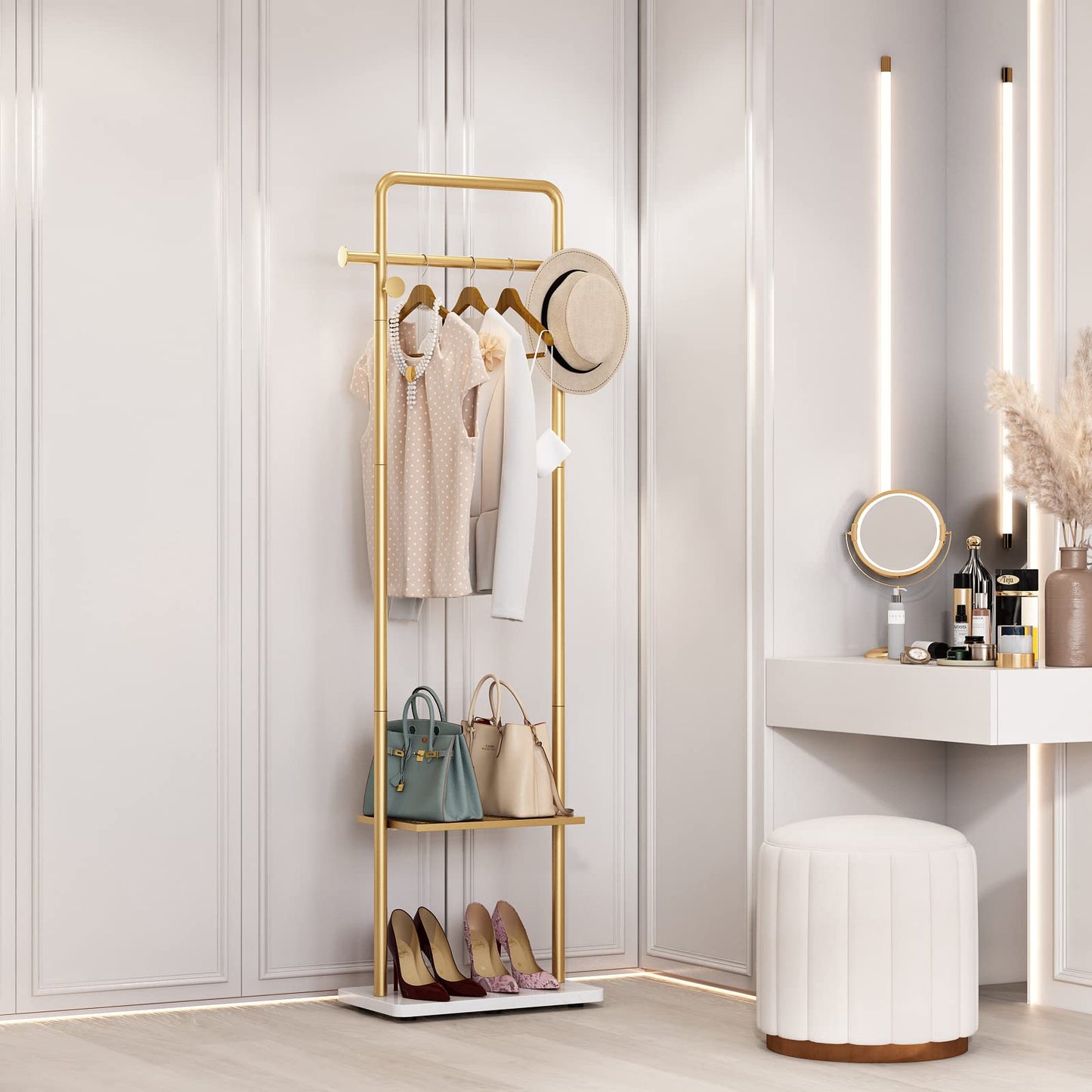 TIEOU Gold Clothes Racks with Shelf, Heavy Duty Gold Clothing Racks for Boutiques, Free-Standing Metal Garment Rack for Hanging Clothes, Modern Coat Rack Entryway(2 tier)