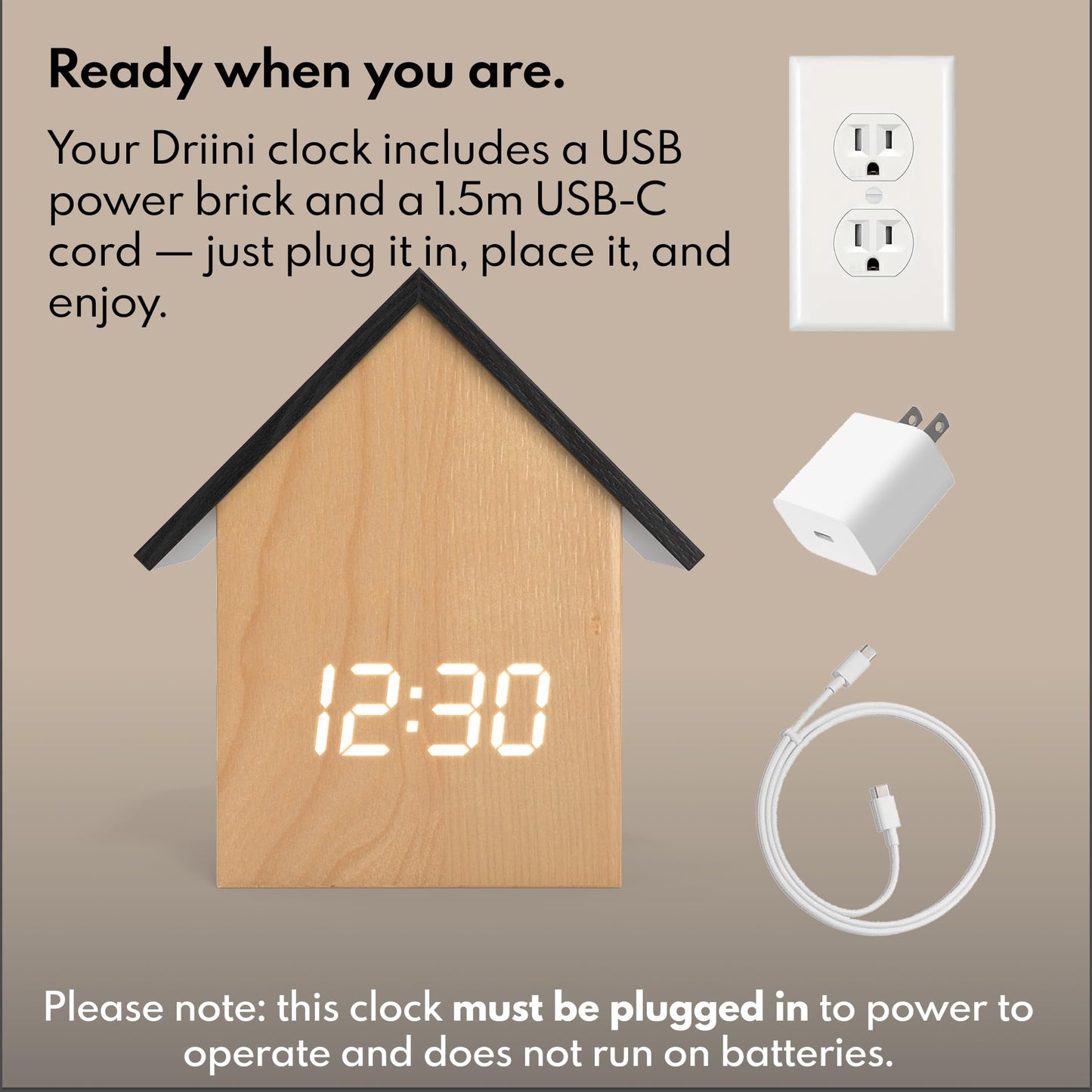 Driini Digital House-Shaped Alarm Clock with Temperature Display (Light Wood) – Modern Aesthetic - Cute Cube Frame and White LED Dimmer - Perfect Small Desk Clock for Bedside Table or Bedroom Mantle