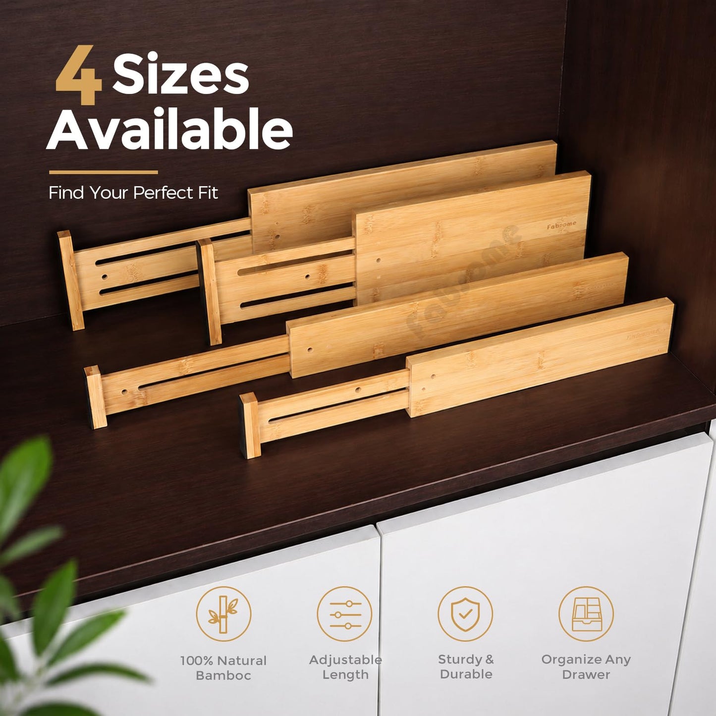 Fabsome Drawer Divider 6 Pack, Bamboo Kitchen Dividers Organizers Adjustable 17''-22'', Wooden Dresser Separators for Nursery Organization Clothes Socks Underwear Baby Clothing, with Soft Foam Ends