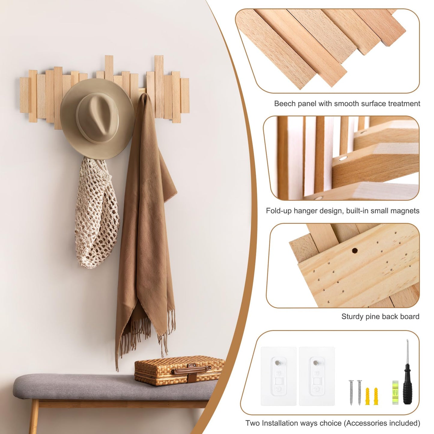 Ufine Wood Wall Mounted Coat Rack with 6 Flip-Down Hooks 16 Inch Wall Hooks for Hanging in Entryway, Bathroom, Home Office