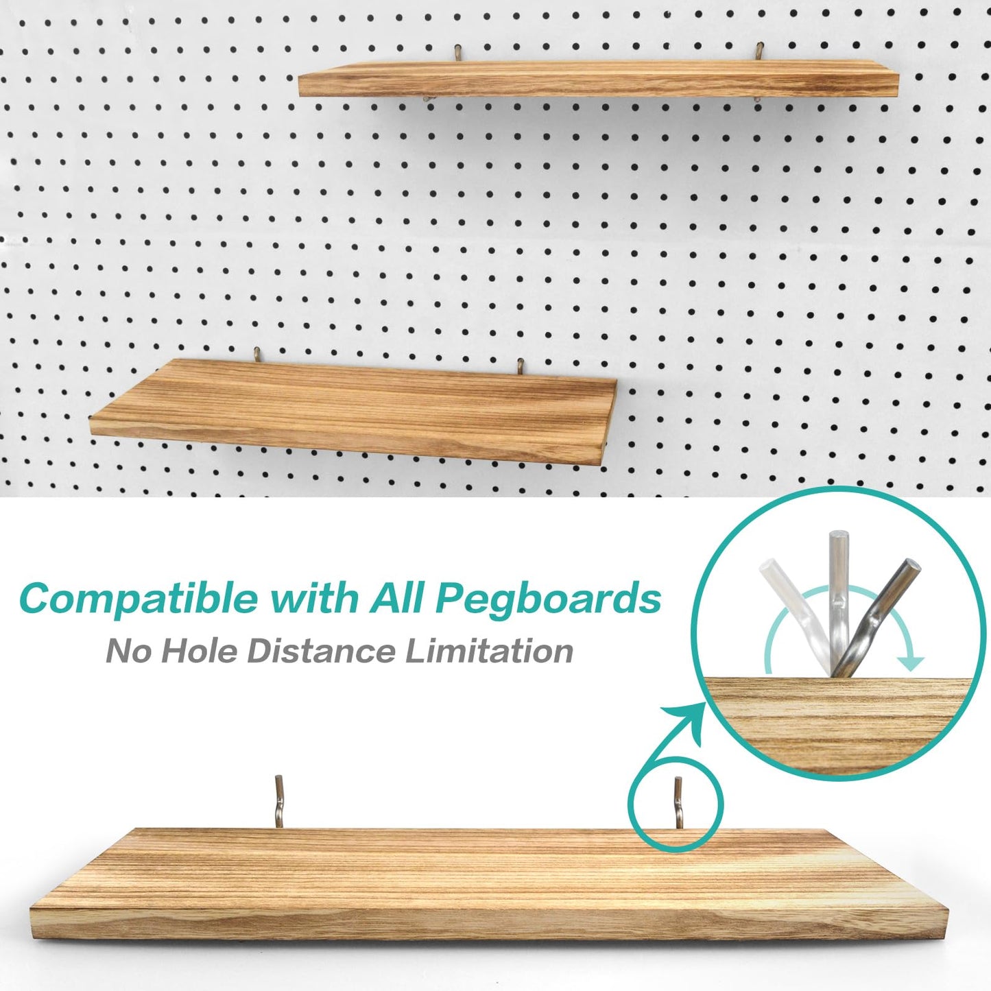 Pegboard Shelves, 16" x 6" Large Peg Board Racks 2Pack Wall Organizer Shelf, 1/4 inch Heavy Duty Metal Brackets Fit All Pegboards, Wood Slats, Craft Garage Workbench Office Shelving Accessories (Wood)