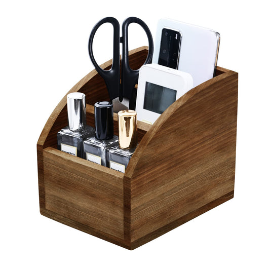 OKSQW Rustic Vintage Wooden Desk Organizer Farmhouse Wood Remote Control Caddy, 3 Slot Tabletop Desktop Office Supply Storage Rack Desktop TV Remote Control Holder Home Decor Office Supplies Storage