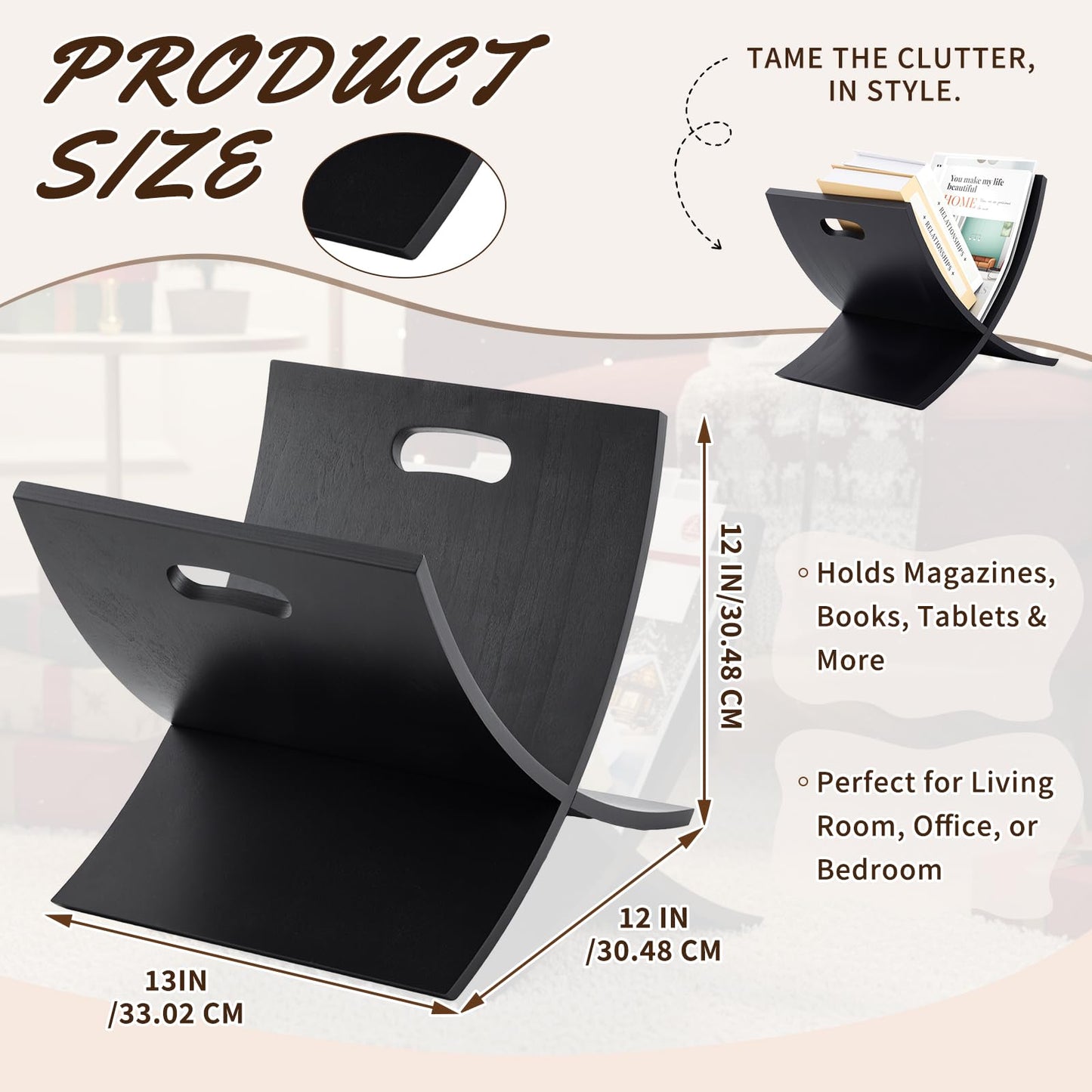 AceOrbit Black Freestanding Wooden Magazine Rack Vertical Floor Magazine Display Bathroom Newspaper Holder Stand for Home, Bathroom, Office, Bedroom, Living Room