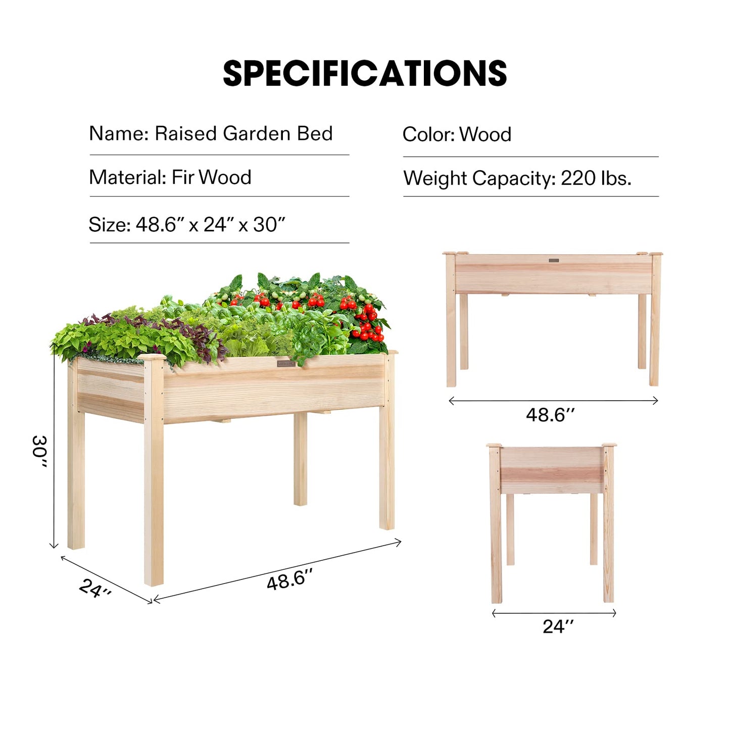 VIVOSUN Elevated Wooden Raised Garden Bed, 48 x 24 x 30 Inches, Outdoor Wood Planter Box w Bed Liner and Gloves for Garden, Patio, Balcony, Backyard and Outdoors, 220-Pound Capacity